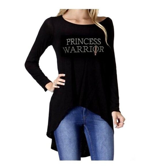 Princess Warrior Black Rayon Stretch Womens Hi Low Pink Sword 3/4 Sleeve Top M - Picture 2 of 3